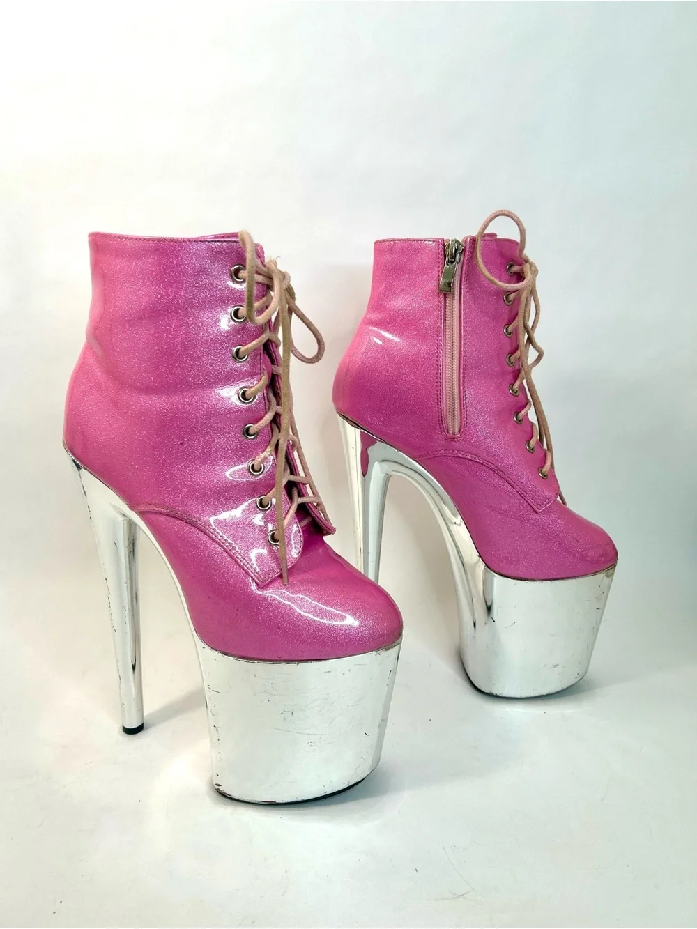 Golden Bulls Pink Glitter Patent Chrome Platform High Heel Ankle Boots size 7.5